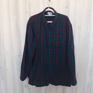 L.L. Bean Button Down Shirt XXL Green Burgundy Plaid Flannel Gorpcore Outdoor